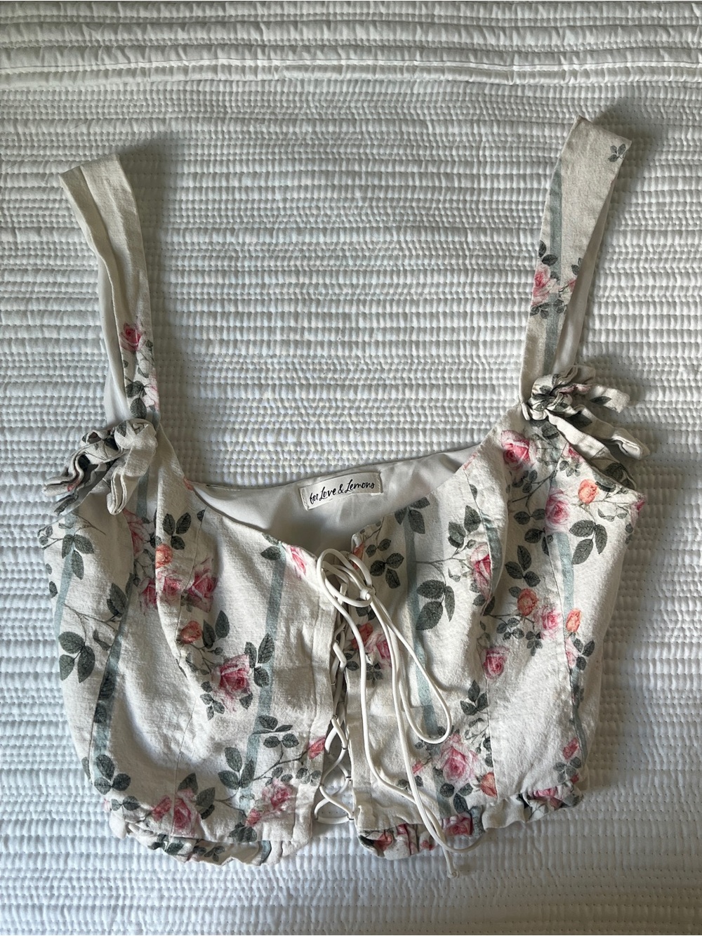 For Love And Lemons Cream Floral Lace-Up Crop Top
